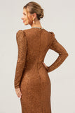 Sparkly Coffee Mermaid Wedding Party Dress with Long Sleeves