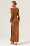 Sparkly Coffee Mermaid Wedding Party Dress with Long Sleeves