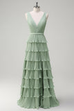 Dusty Sage Tiered A Line Long Bridesmaid Dress with Slit