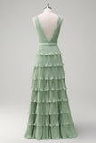 Dusty Sage Tiered A Line Long Bridesmaid Dress with Slit