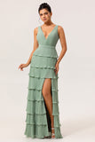 Dusty Sage Tiered A Line Long Bridesmaid Dress with Slit