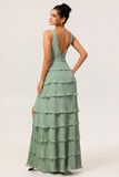 Dusty Sage Tiered A Line Long Bridesmaid Dress with Slit