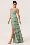Dusty Sage Tiered A Line Long Bridesmaid Dress with Slit