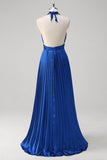 Royal Blue Halter Pleated Backless A-Line Bridesmaid Dress