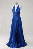 Royal Blue Halter Pleated Backless A-Line Bridesmaid Dress