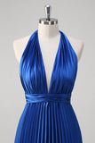 Royal Blue Halter Pleated Backless A-Line Bridesmaid Dress