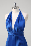 Royal Blue Halter Pleated Backless A-Line Bridesmaid Dress