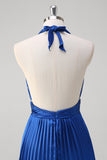 Royal Blue Halter Pleated Backless A-Line Bridesmaid Dress