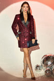 Glitter Burgundy Shawl Lapel Maxi Women's Party Blazer