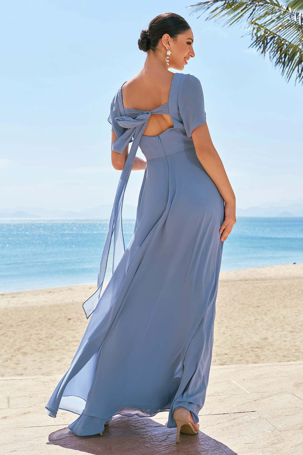 Leely Women Grey Blue Bridesmaid Dress with Slit A Line Chiffon Long Wedding Guest Dress with Puff Sleeves leelyuk Leely Women Grey Blue Bridesmaid Dress with Slit A Line Chiffon Long Wedding Guest Dress with Puff Sleeves leelyuk