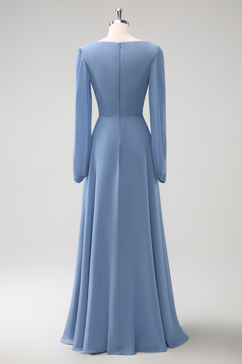 Leely Women Grey Blue Bridesmaid Dress with Long Sleeves V-Neck Chiffon A Line Wedding Guest Dress with Slit leelyuk Leely Women Grey Blue Bridesmaid Dress with Long Sleeves V-Neck Chiffon A Line Wedding Guest Dress with Slit leelyuk