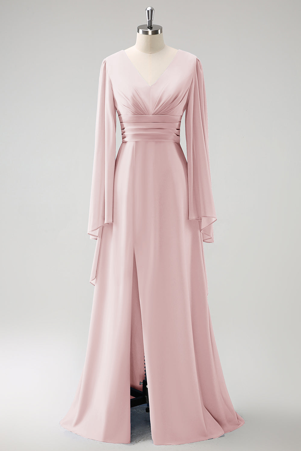 Leely Women Blush Pink Bridesmaid Dress with Slit A Line Long Sleeves Chiffon Wedding Guest Dress leelyuk Leely Women Blush Pink Bridesmaid Dress with Slit A Line Long Sleeves Chiffon Wedding Guest Dress leelyuk