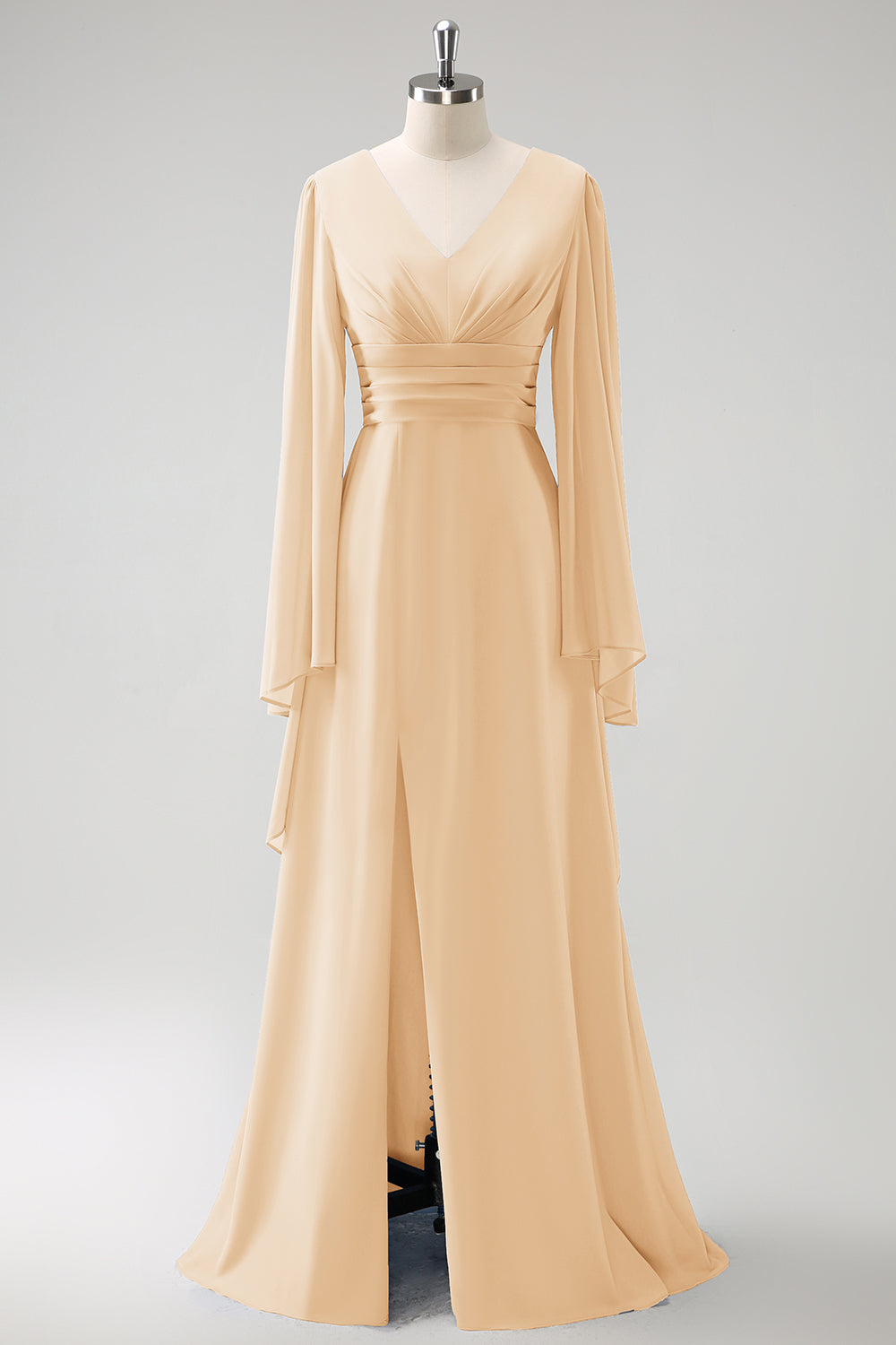 Leely Women Blush Pink Bridesmaid Dress with Slit A Line Long Sleeves Chiffon Wedding Guest Dress leelyuk Leely Women Blush Pink Bridesmaid Dress with Slit A Line Long Sleeves Chiffon Wedding Guest Dress leelyuk