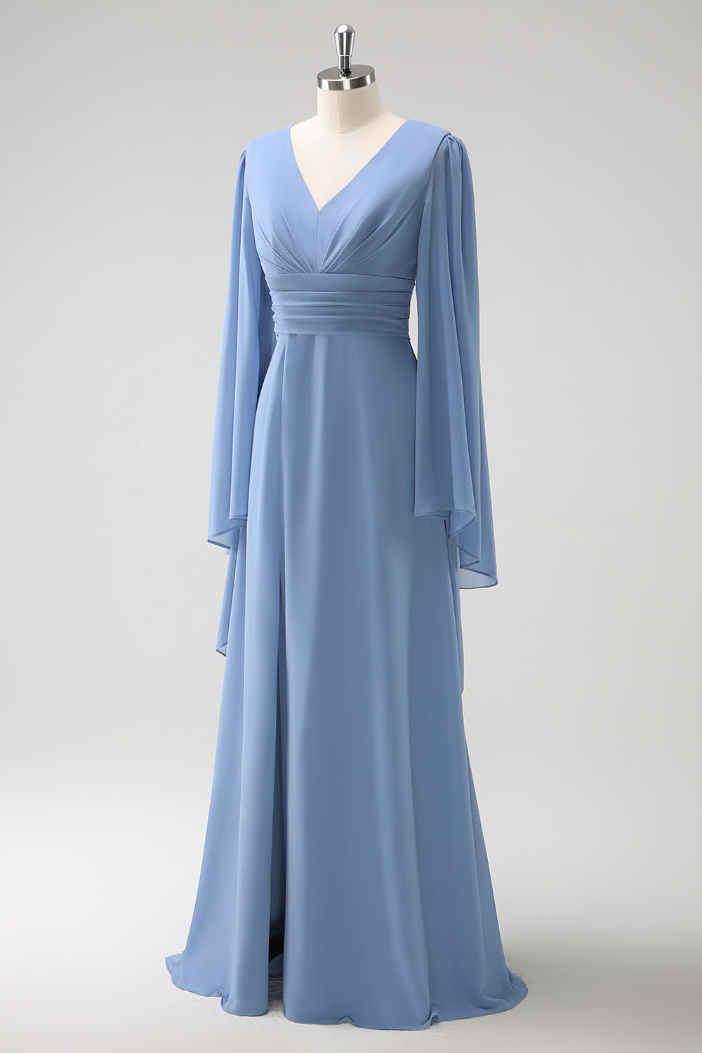 Leely Women Grey Blue Bridesmaid Dress with Slit A Line Long Sleeves Chiffon Wedding Guest Dress – leelyuk
