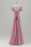 Pink Off the Shoulder Pleated Mermaid Bridesmaid Dress with Slit