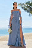 Grey Blue A-Line Spaghetti Straps Chiffon Long Bridesmaid Dress with Slit