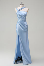 Sky Blue Pleated Satin Mermaid Bridesamid Dress with Slit