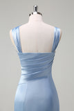 Sky Blue Pleated Satin Mermaid Bridesamid Dress with Slit