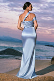 Sky Blue Pleated Satin Mermaid Bridesamid Dress with Slit
