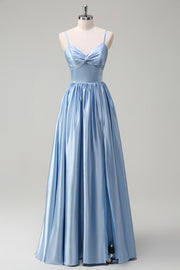 Sky Blue Spaghetti Straps Front Twist Satin Bridesamid Dress with Slit