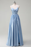 Sky Blue Spaghetti Straps Front Twist Satin Bridesamid Dress with Slit