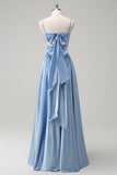 Sky Blue Spaghetti Straps Front Twist Satin Bridesamid Dress with Slit