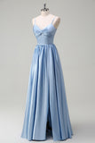 Sky Blue Spaghetti Straps Front Twist Satin Bridesamid Dress with Slit