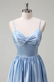 Sky Blue Spaghetti Straps Front Twist Satin Bridesamid Dress with Slit