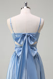 Sky Blue Spaghetti Straps Front Twist Satin Bridesamid Dress with Slit
