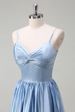 Sky Blue Spaghetti Straps Front Twist Satin Bridesamid Dress with Slit