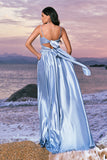Sky Blue Spaghetti Straps Front Twist Satin Bridesamid Dress with Slit