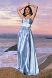 Sky Blue Spaghetti Straps Front Twist Satin Bridesamid Dress with Slit