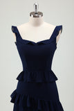 Navy Tiered Chiffon A-Line V-Back Bridesmaid Dress