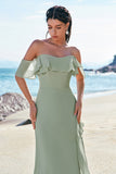 Light Green Off The Shoulder Sheath Chiffon Bridesmaid Dress with Ruffles