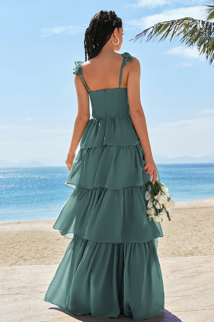 Eucalyptus A-Line Bow Tie Straps Corset Chiffon Long Bridesmaid Dress with Slit