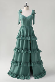 Eucalyptus Corset Tiered A-Line Bridesmaid Dress with Slit