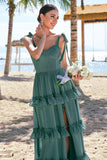 Eucalyptus Corset Ruffled A-Line Chiffon Bridesmaid Dress with Bow