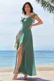 Eucalyptus Chiffon A-Line Ruffled Bridesmaid Dress with Slit