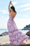 Grey Purple Floral Tiered Spaghetti Strap Bridesmaid Dress with Slit