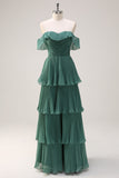 Eucalyptus Tiered Off the Shoulder Maxi Bridesmaid Dress