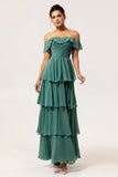 Eucalyptus Tiered Off the Shoulder Maxi Bridesmaid Dress