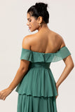 Eucalyptus Tiered Off the Shoulder Maxi Bridesmaid Dress
