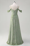 Dusty Sage Cold Shoulder Floral Burnout Velvet Bridesmaid Dress with Slit