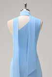Blue One Shoulder Sheath Chiffon Bridesmaid Dress with Ribbon