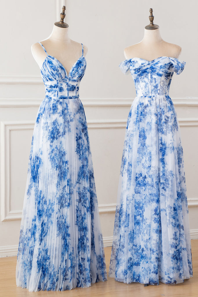Leely Women White Blue Flower Printed Bridesmaid Dress with Slit Off