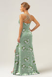 Sage White Flower Spaghetti Straps Mermaid Floral Bridesmaid Dress with Slit