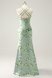 Sage White Flower Spaghetti Straps Mermaid Floral Bridesmaid Dress with Slit