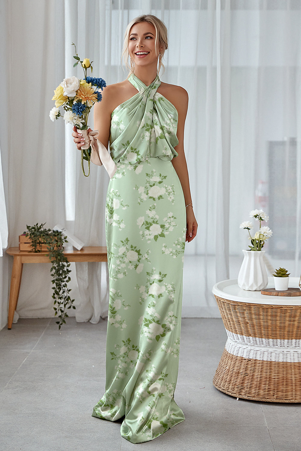 Leely Women Sage White Flower Halter Sheath Bridesmaid Dress Satin Floral Long Wedding Guest Dress with Open Back leelyuk Leely Women Sage White Flower Halter Sheath Bridesmaid Dress Satin Floral Long Wedding Guest Dress with Open Back leelyuk