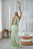 Sage White Flower Halter Sheath Satin Floral Bridesmaid Dress