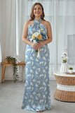 Navy Bloom Halter Satin Plus Size Floral Sheath Bridesmaid Dress with Open Back